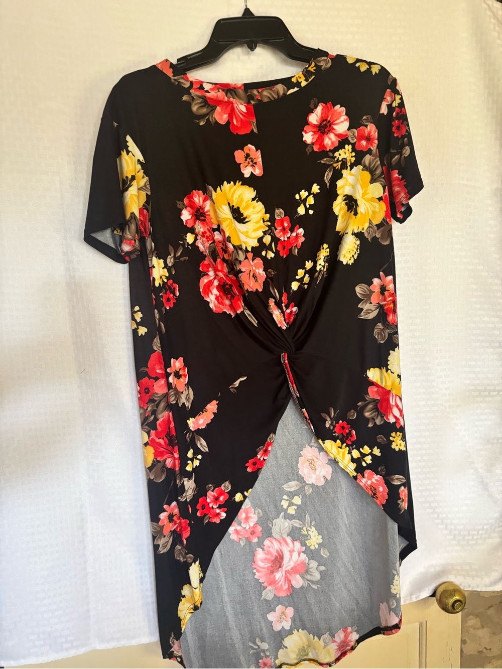 Emerald Black Floral Twist-Front Tunic - Red & Yellow Flowers